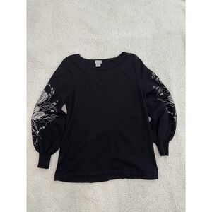 Chicos Black Sweater Size 1 Medium Embroidered Sleeve Soft Knit Casual Top Artsy
